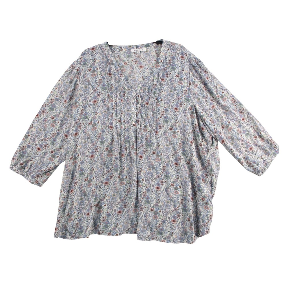 Rose + Olive Floral Pintuck V-Neck Blouse Blue Lavender 3X‎ Plus Size 3/4 Sleeve